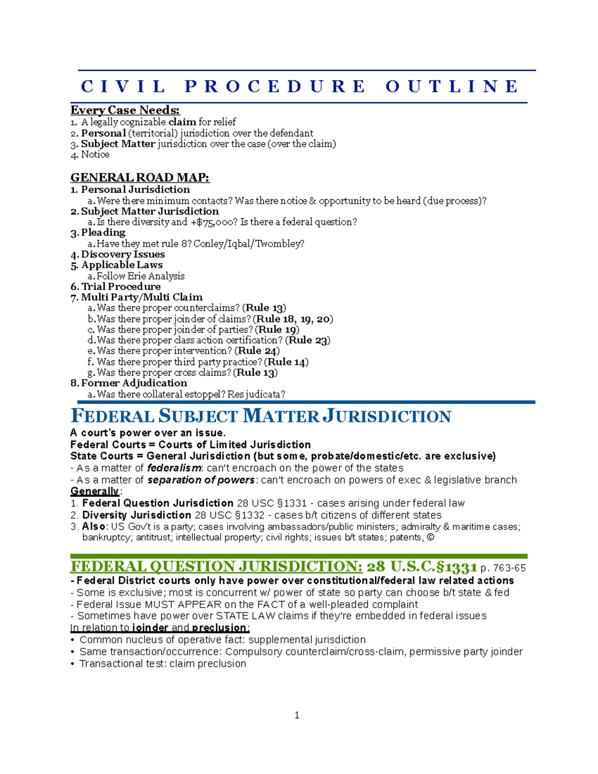 Civil Procedure Law Outline - 3 - 1 C I V I L P R O C E D U R E O U T L ...