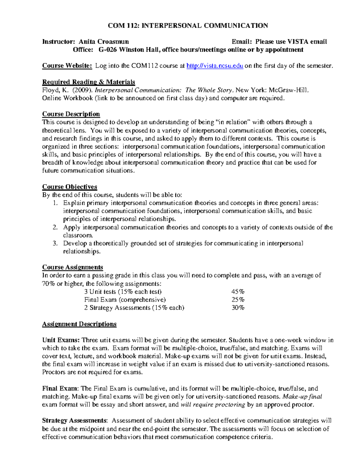 Com112syllabus - Syllabus for com 112 - COM 112: INTERPERSONAL ...