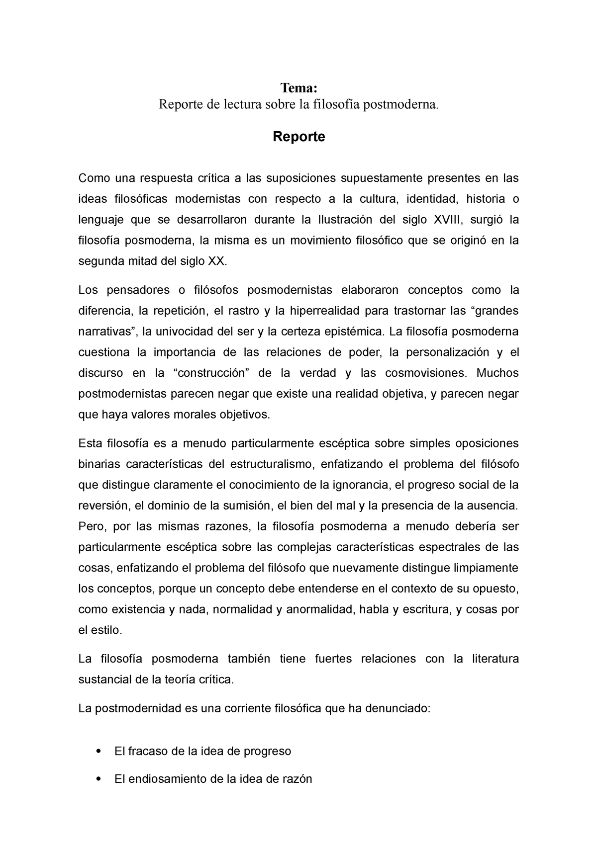 Reporte De Lectura Filosofia Postmoderna Tema Reporte De Lectura Sobre La Filosofía 1309