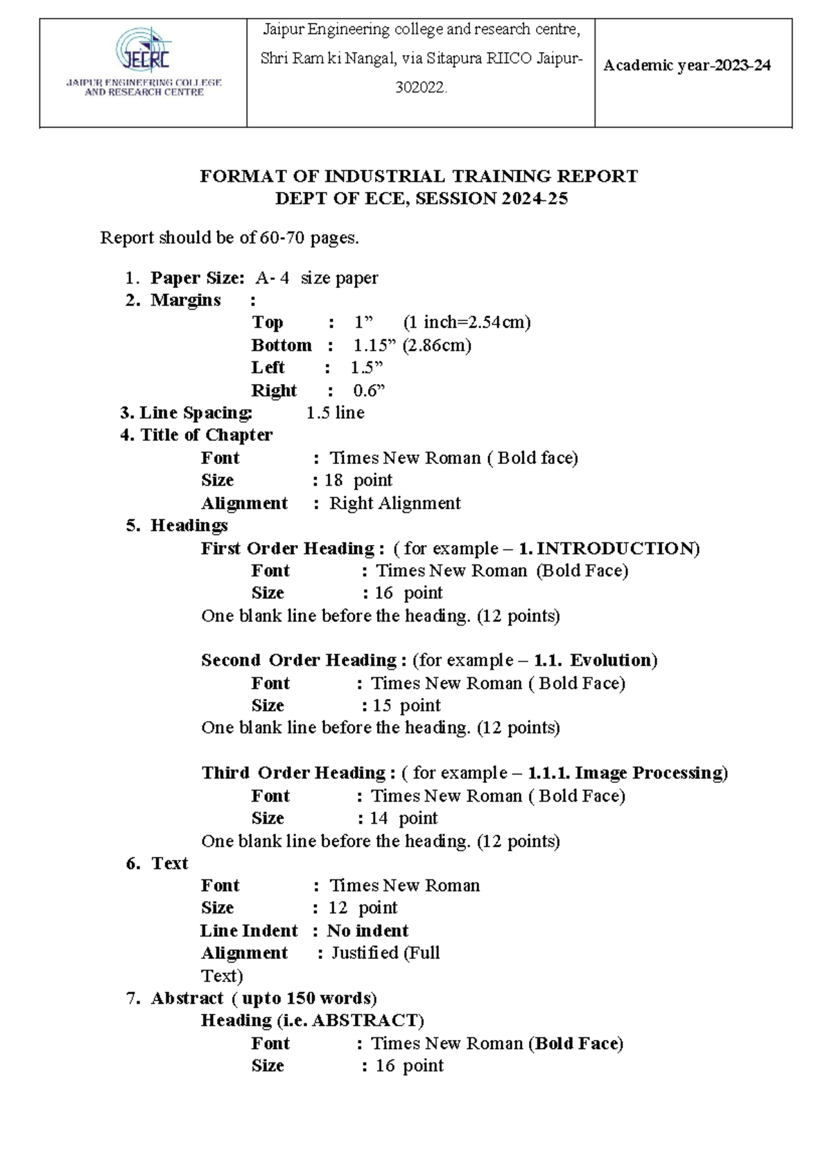 Industrial Training Report guidelines - Jaipur Engineering college and ...