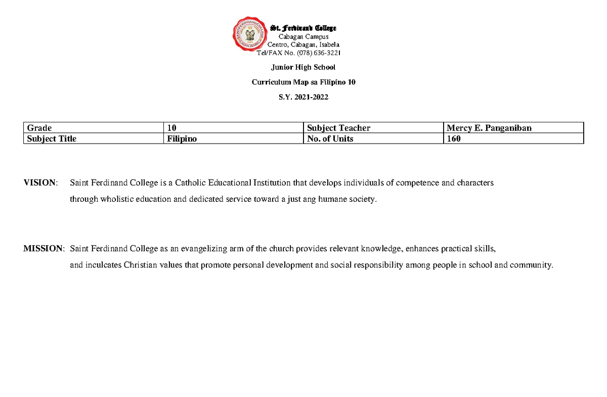 Curriculum Map sa Filipino 10 20212022 St. Ferdinand College Cabagan
