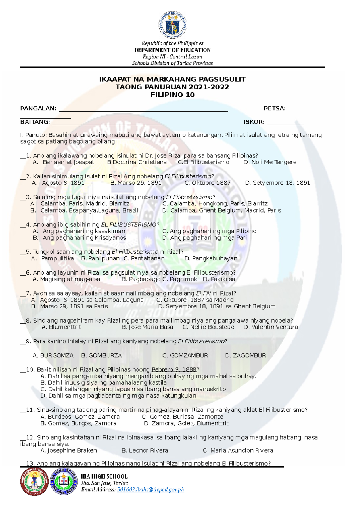 4TH Quarter EXAM Grade 10 DEPARTMENT OF EDUCATION Region III 