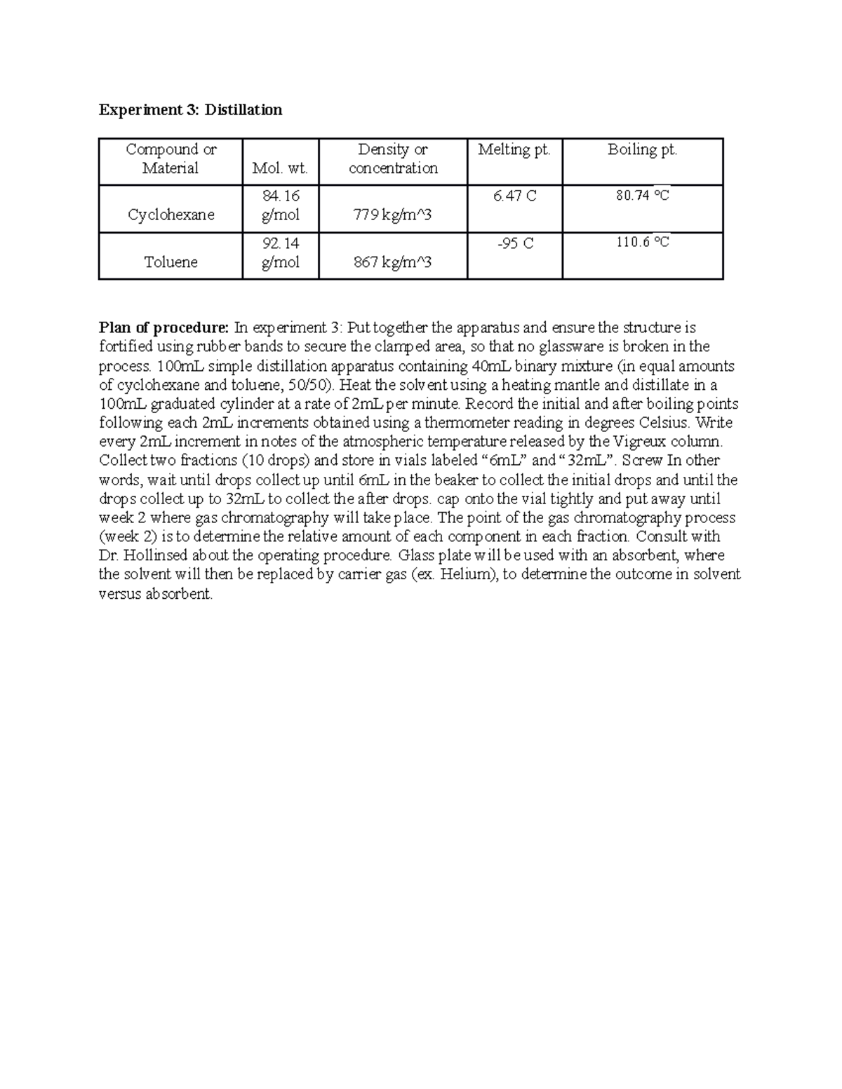 PLX3 Distillation Pre lab for Dr. Hollinsed's Organic Chemistry 2