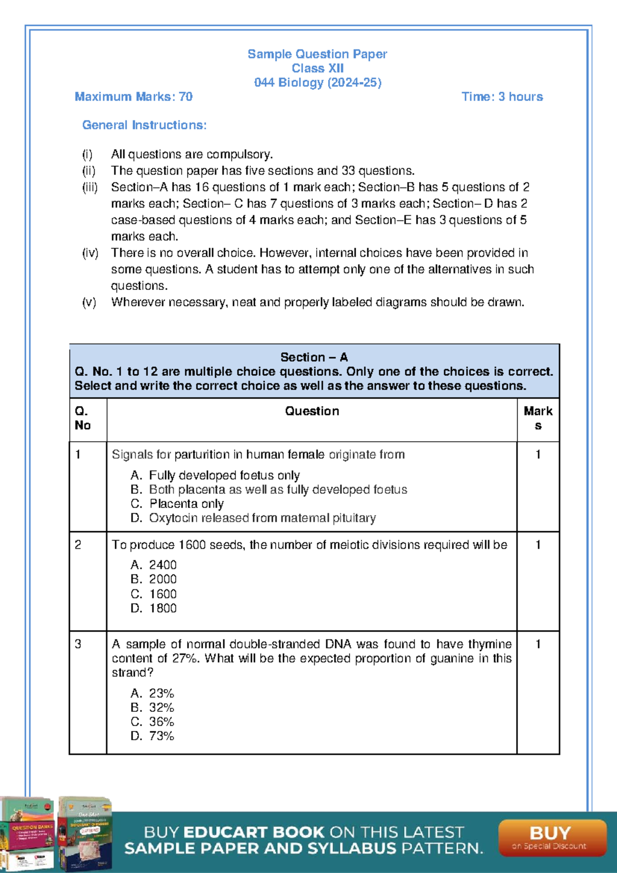 202425 CBSE Class 12 Biology SQP Sample Question Paper Class XII 044 Biology (202425