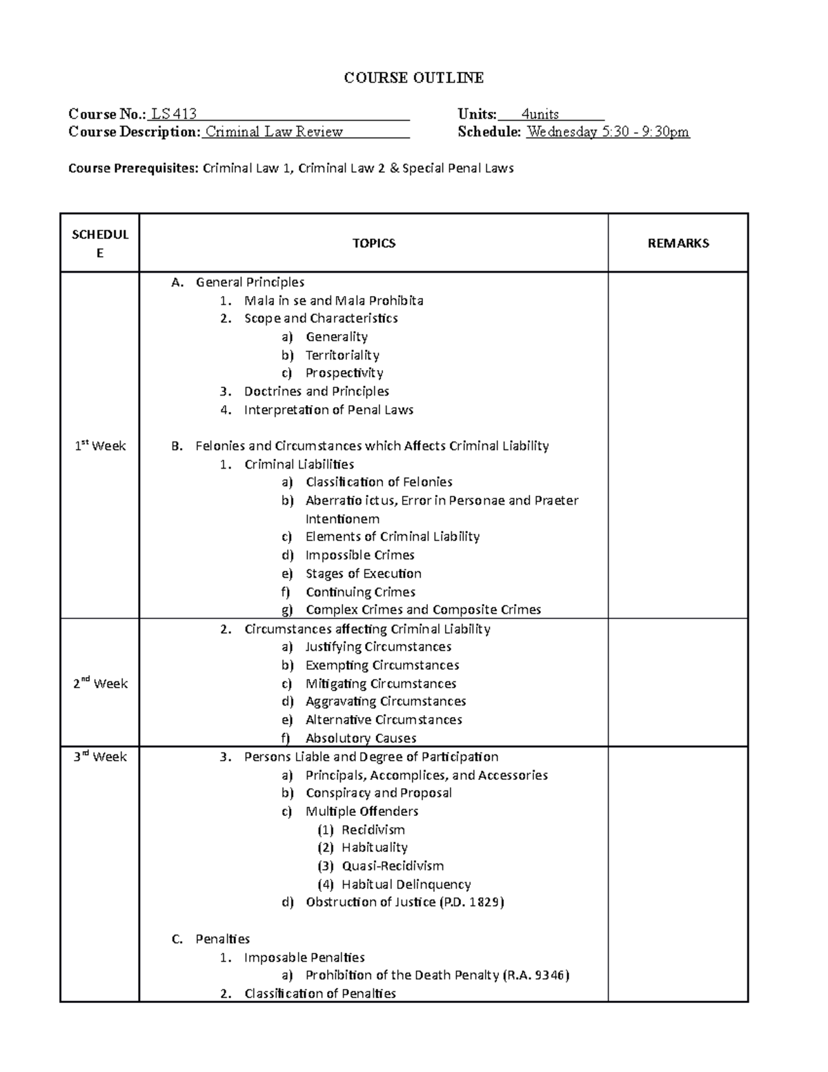 Course outline for Crime Review 2022-2023 - COURSE OUTLINE Course No ...