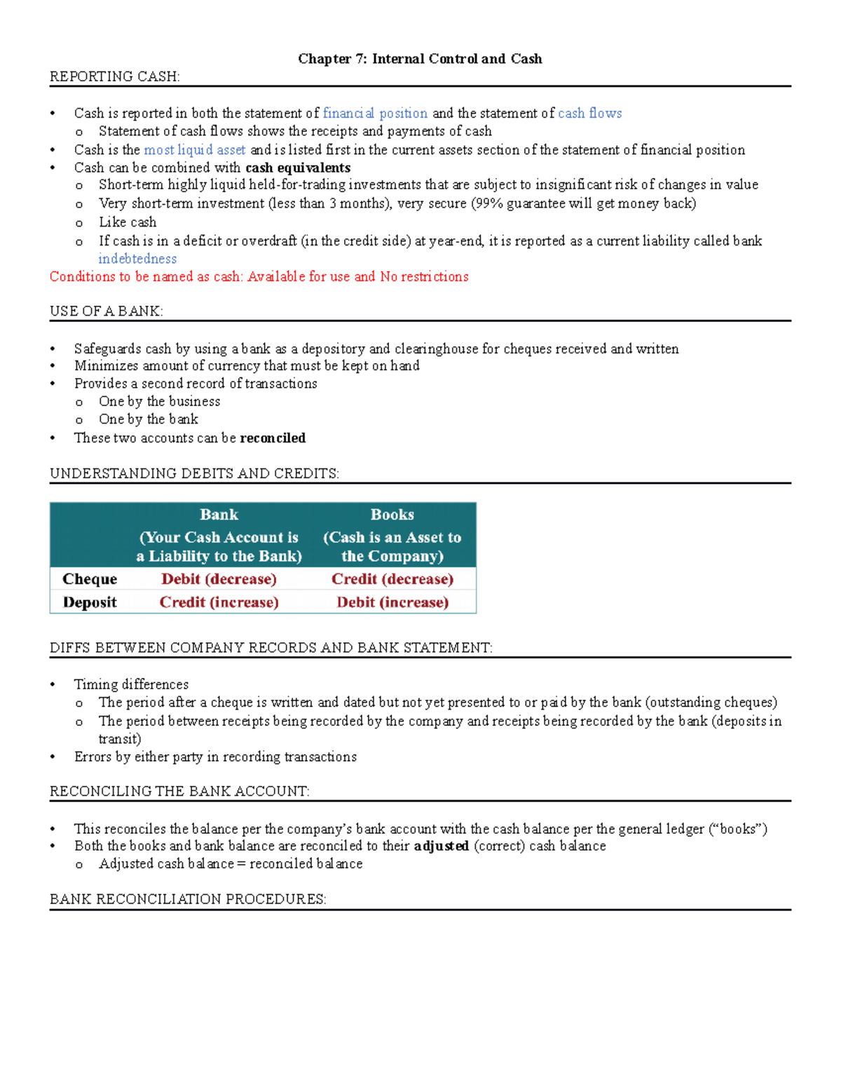 Chapter 7 ACC - class notes - Chapter 7: Internal Control and Cash ...