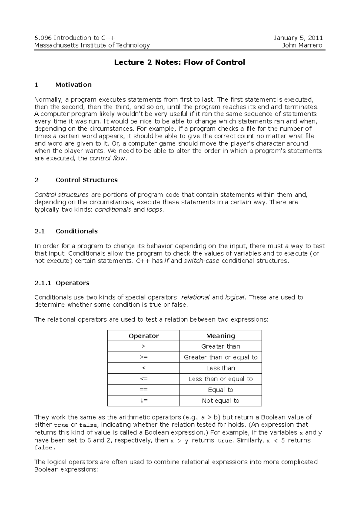 2 Flow of control - TOPIC 2 - 6 Introduction to C++ January 5, 2011 ...