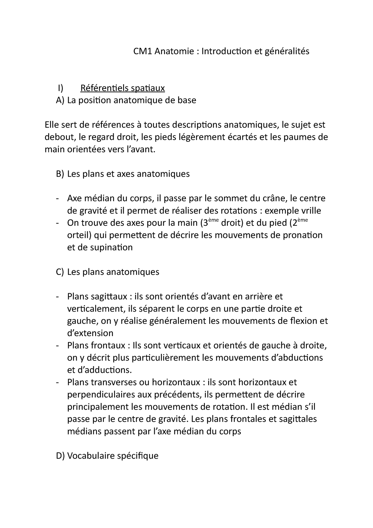 CM1 Anatomie - B) Les Plans Et Axes Anatomiques Axe Médian Du Corps, Il ...