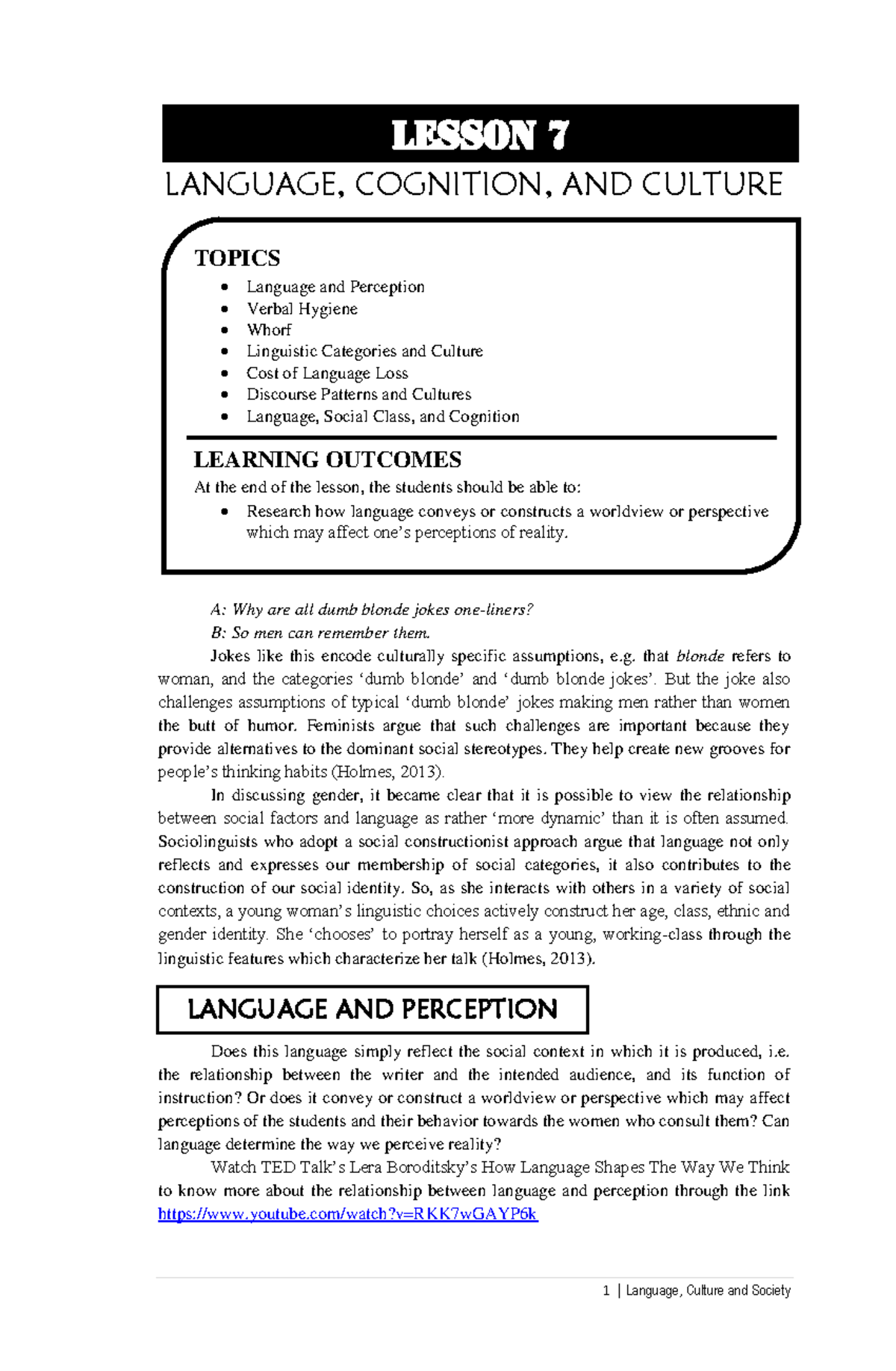 Language Culture And Society Lesson 7 LANGUAGE COGNITION AND