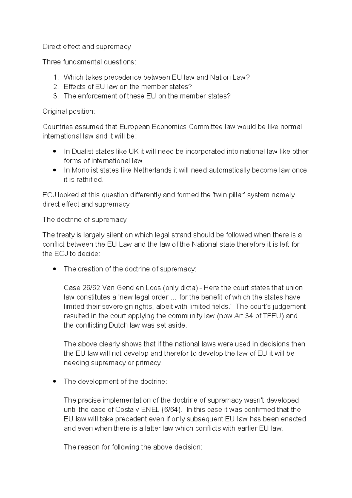 Direct effect and supremacy Notes - Direct effect and supremacy Three ...
