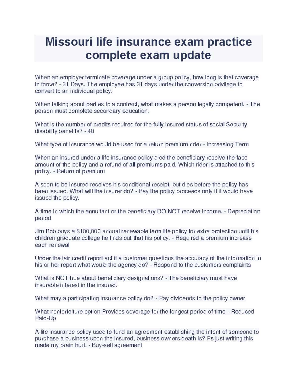 Missouri life insurance exam practice complete exam update The