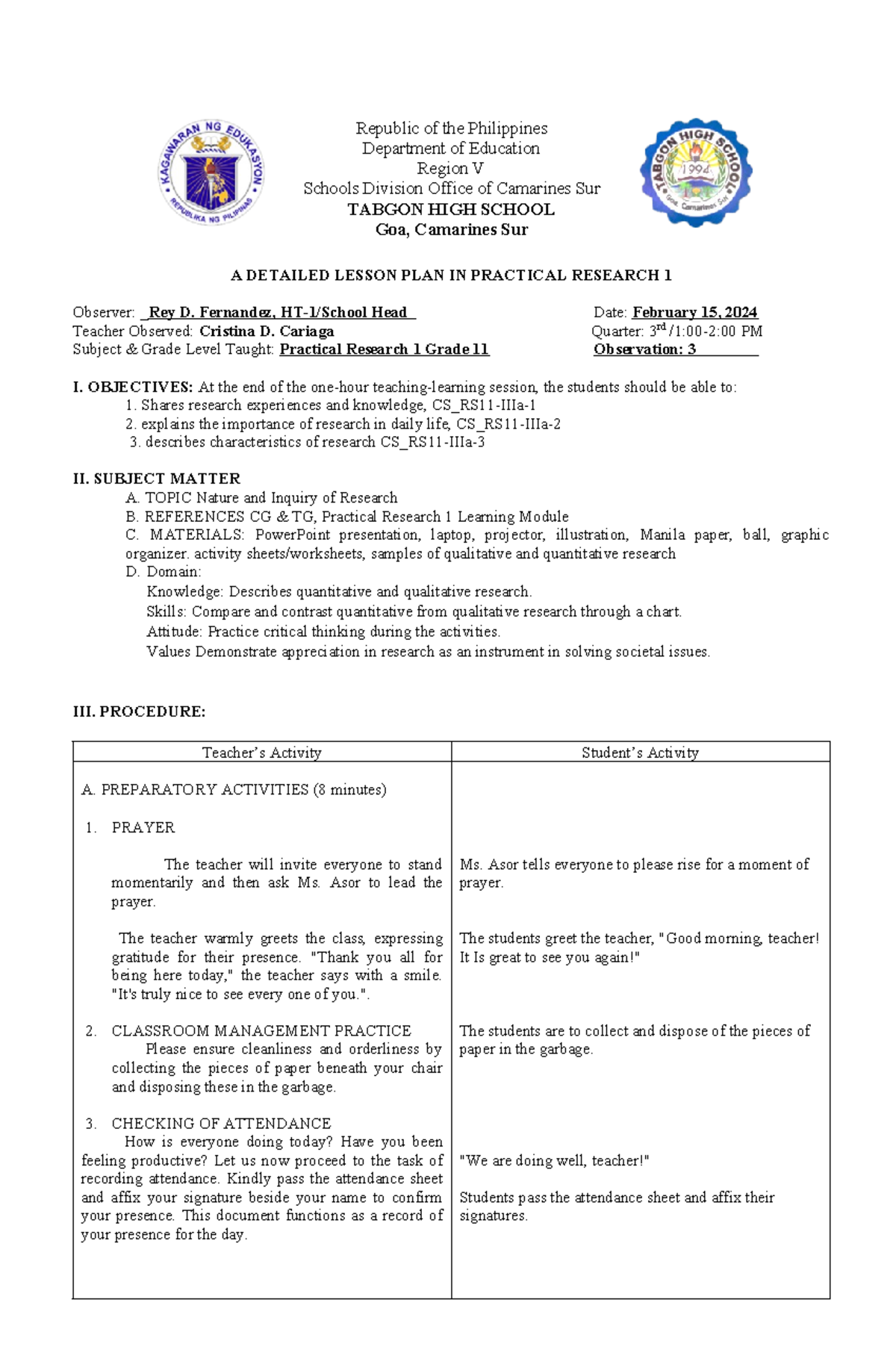 Detailes lesson plan - NOTES - Republic of the Philippines Department ...