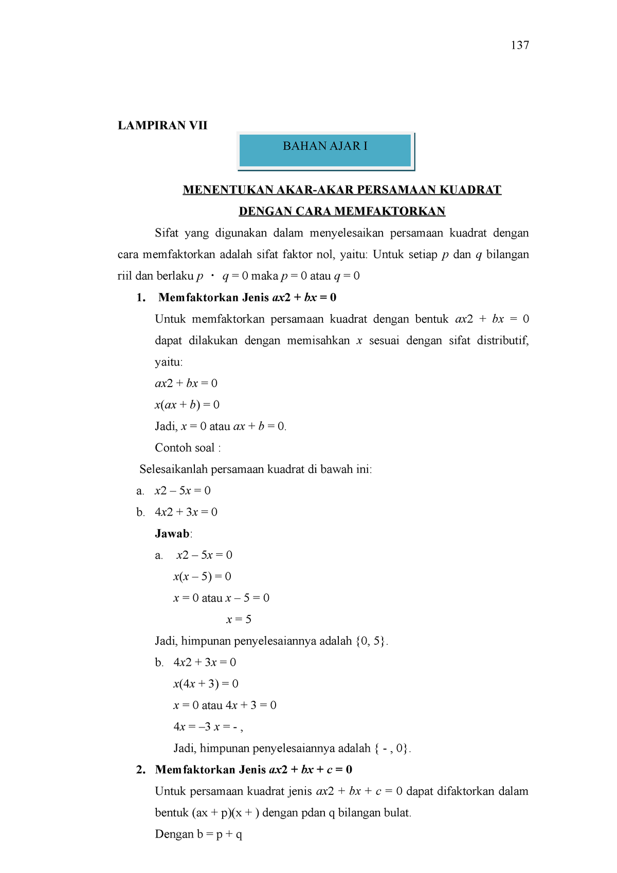 1 - Bahan Ajar 1 - LAMPIRAN VII MENENTUKAN AKAR-AKAR PERSAMAAN KUADRAT ...