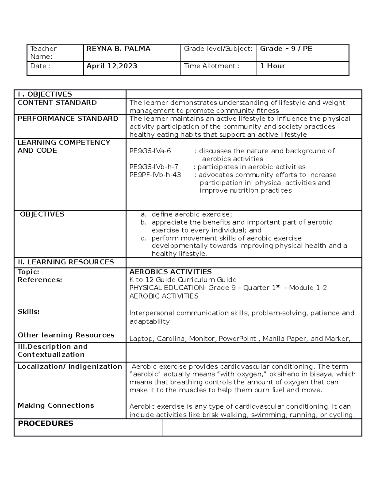 SEMI Detailed LP - a4`s format - Teacher Name: REYNA B. PALMA Grade ...