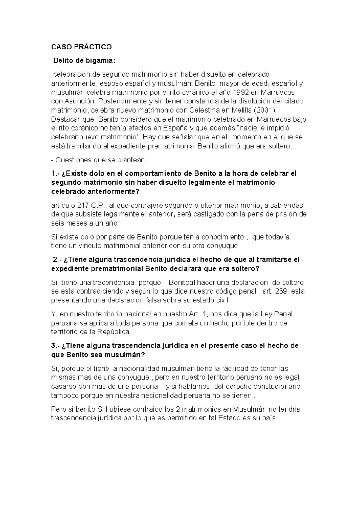 CASO Práctico bigamia - CASO PRÁCTICO Delito de bigamia: celebración de ...