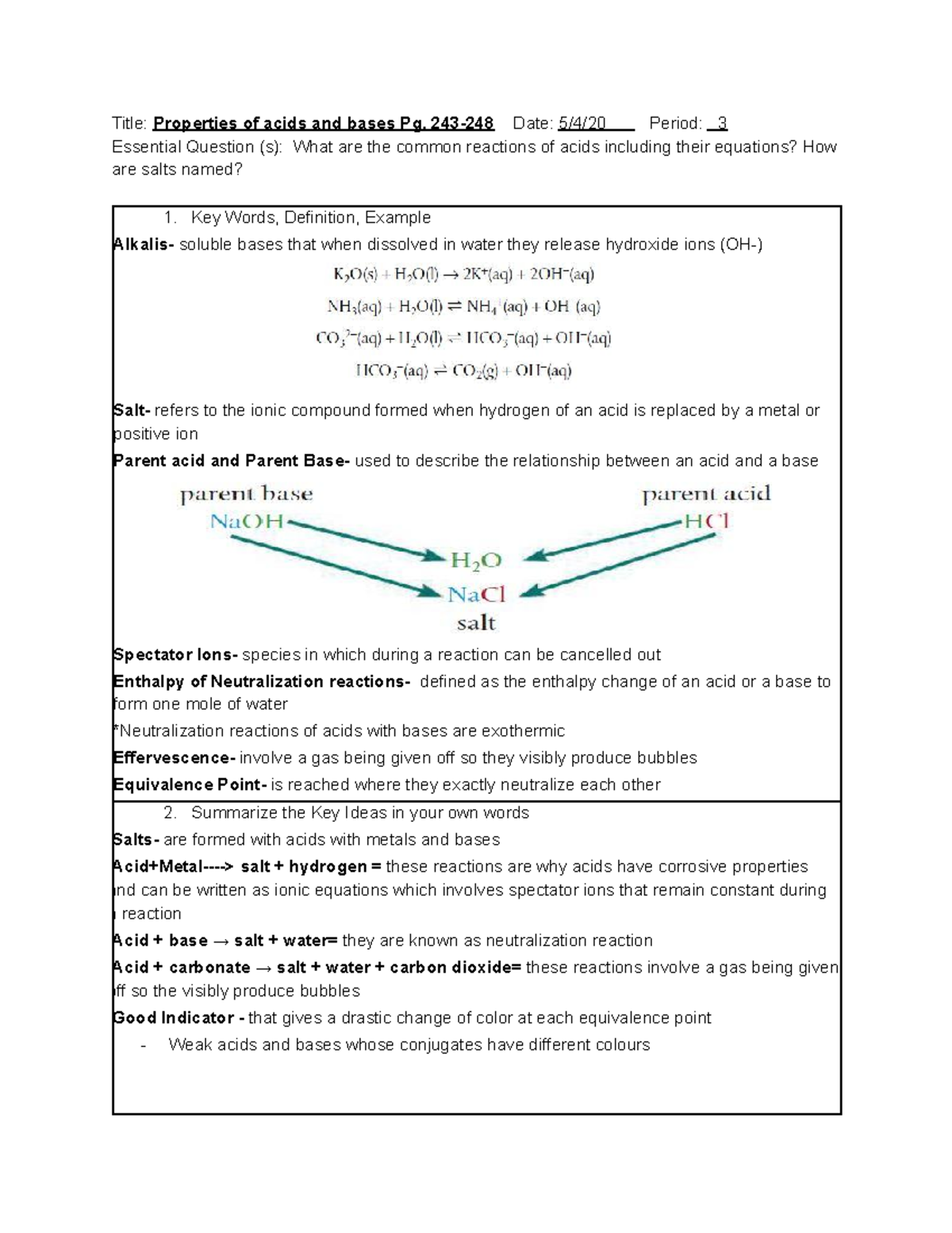 Properties of acids and bases - 243-248 Date: 5/4/20 Period: 3 ...