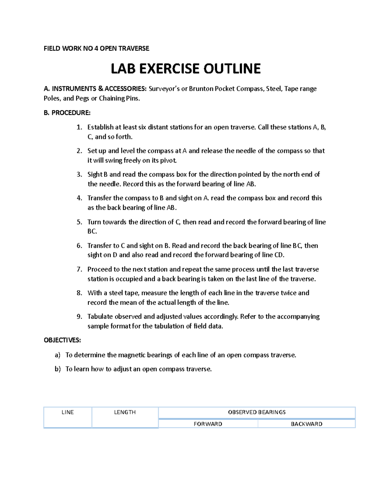 FW4 - FW4 - FIELD WORK NO 4 OPEN TRAVERSE LAB EXERCISE OUTLINE A ...