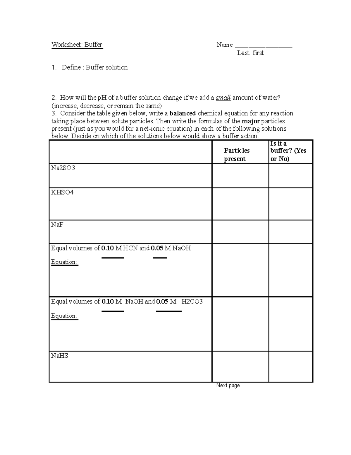 Worksheet Buffer - Then write the formulas of the major particles ...