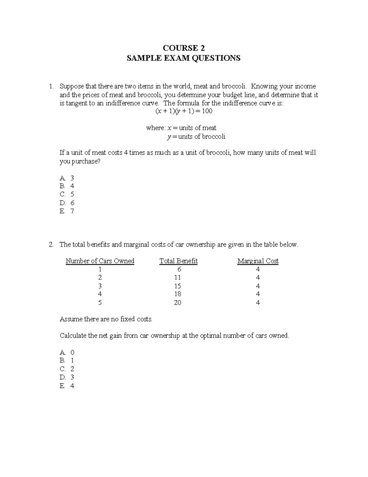 Sample Exam 2 - None - COURSE 2 SAMPLE EXAM QUESTIONS Suppose that ...