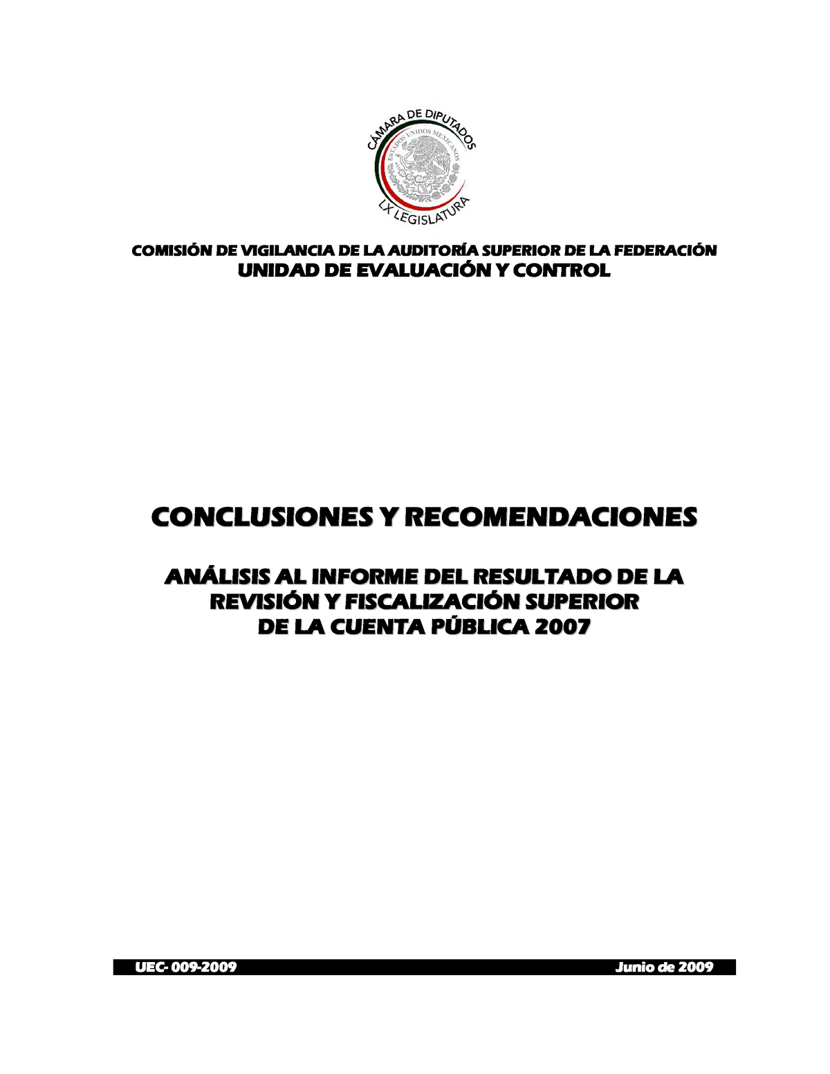 Uec0092009 Conclusiones Recomendaciones Asf Comisi”n De Vigilancia De La AuditorÕa Superior De 3432