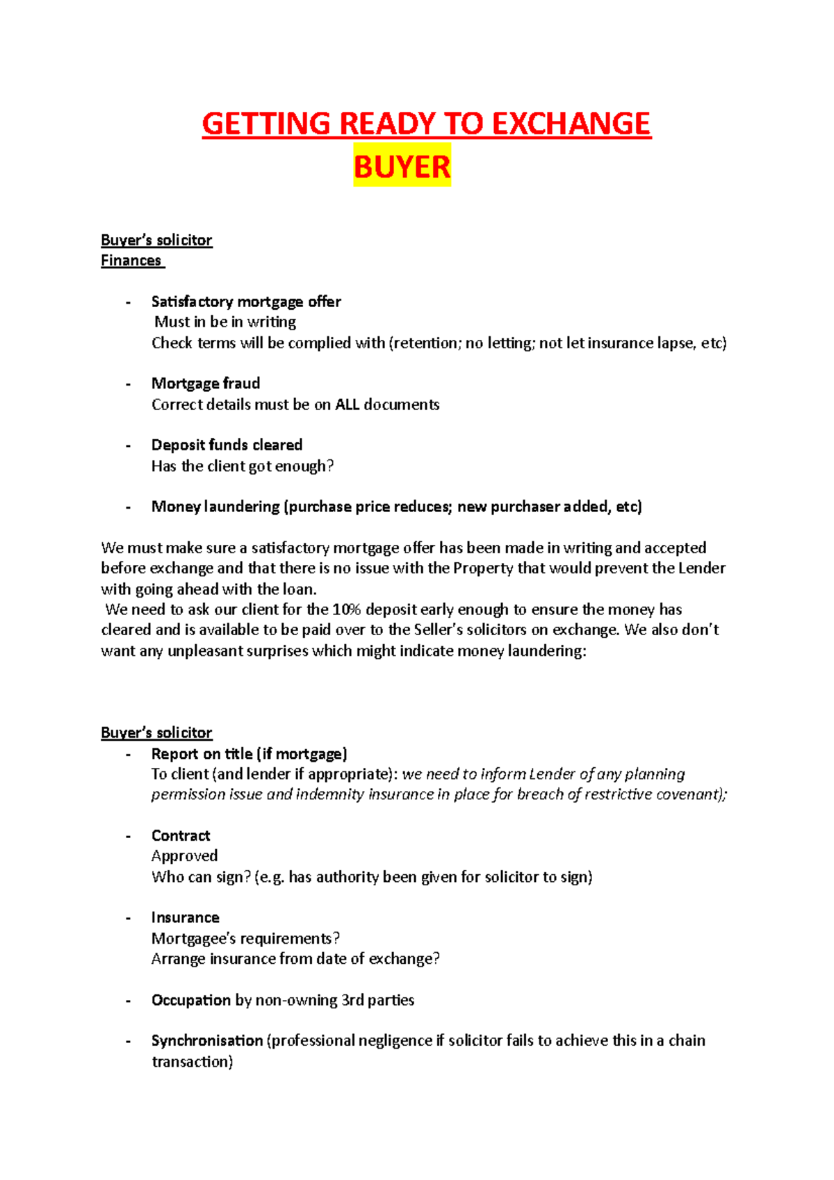 Exchange OF Contracts GETTING READY TO EXCHANGE BUYER Buyer’s