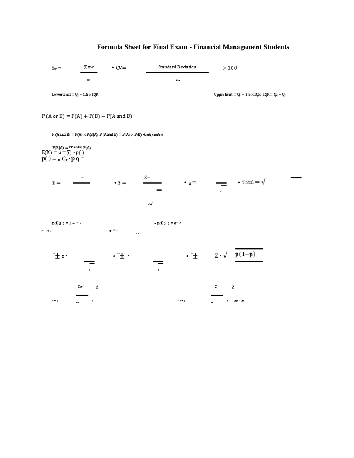 1187 Formulas and tables for Final Exam 2020 - Formula Sheet for Final ...