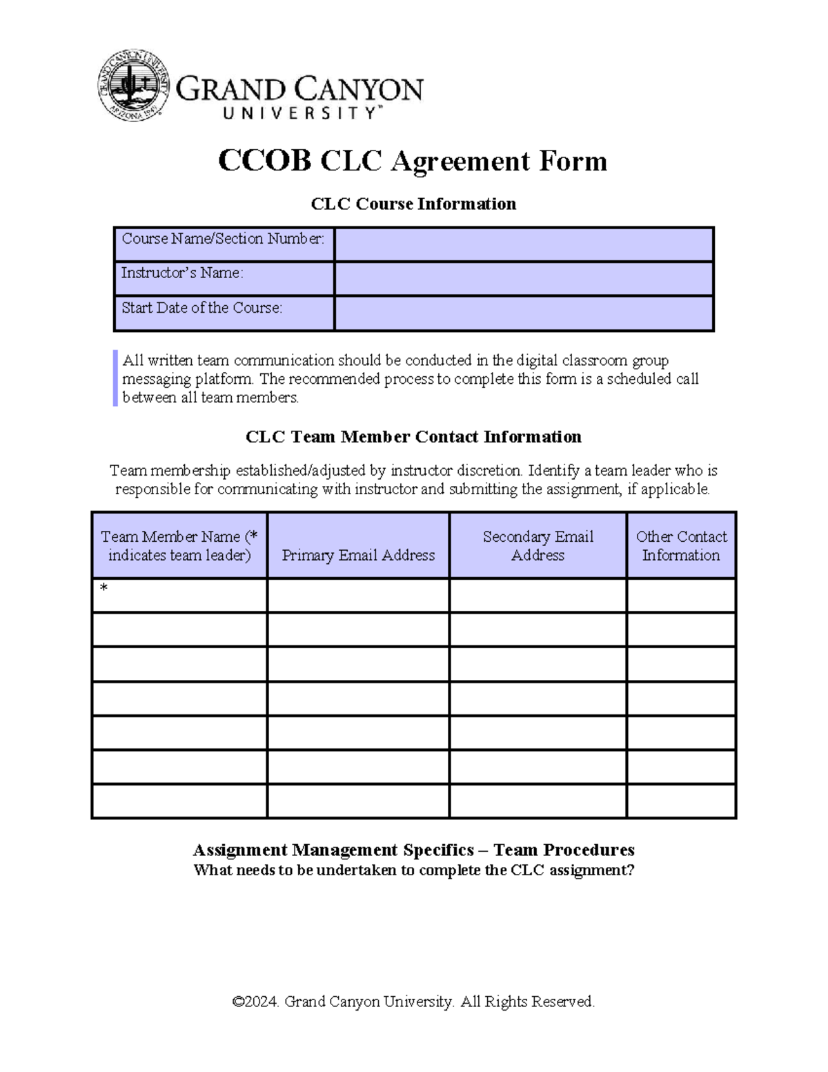 CCOB CLC Agreement Form Assignment-Blank - CCOB CLC Agreement Form CLC ...
