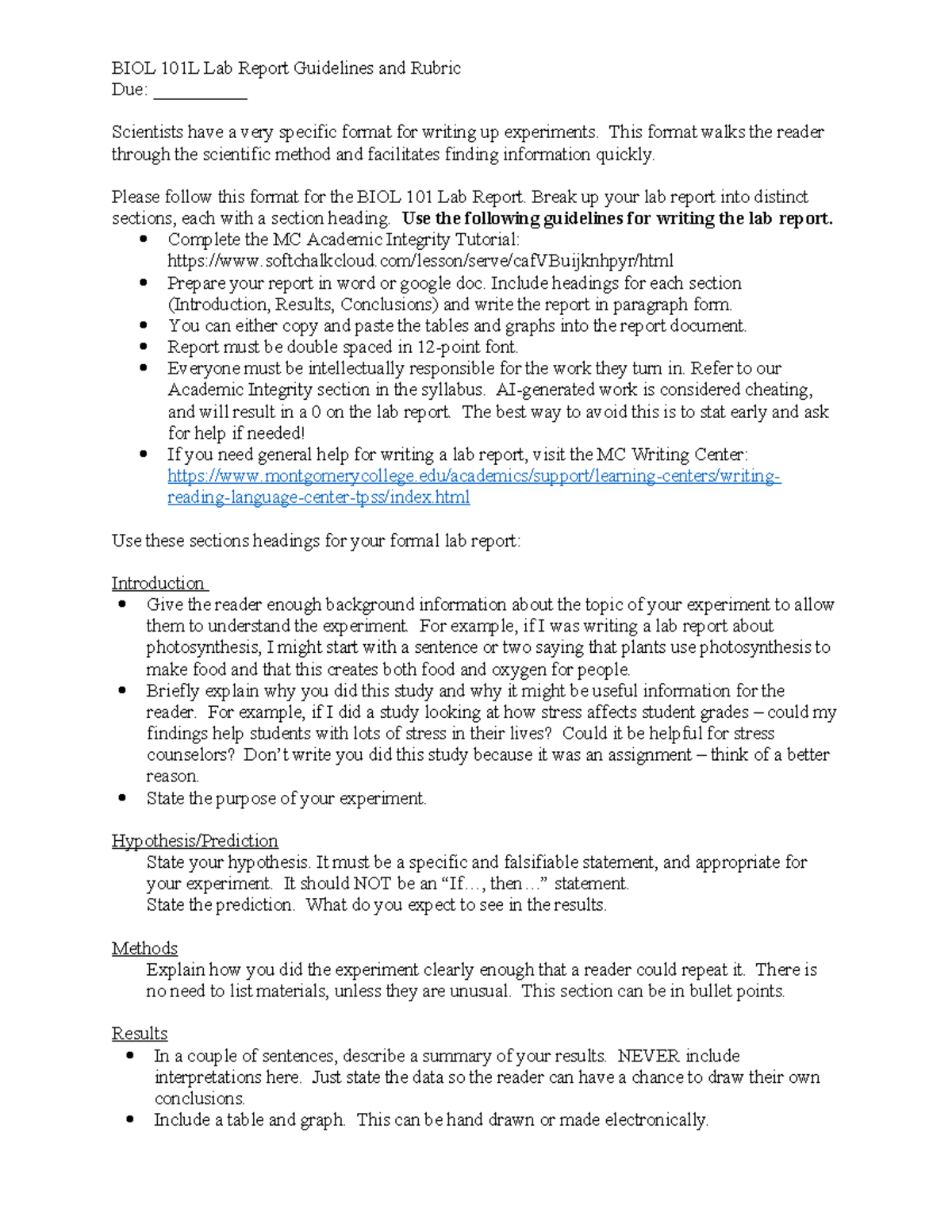 Lab4 Lab Report Guidelines - BIOL 101L Lab Report Guidelines and Rubric ...