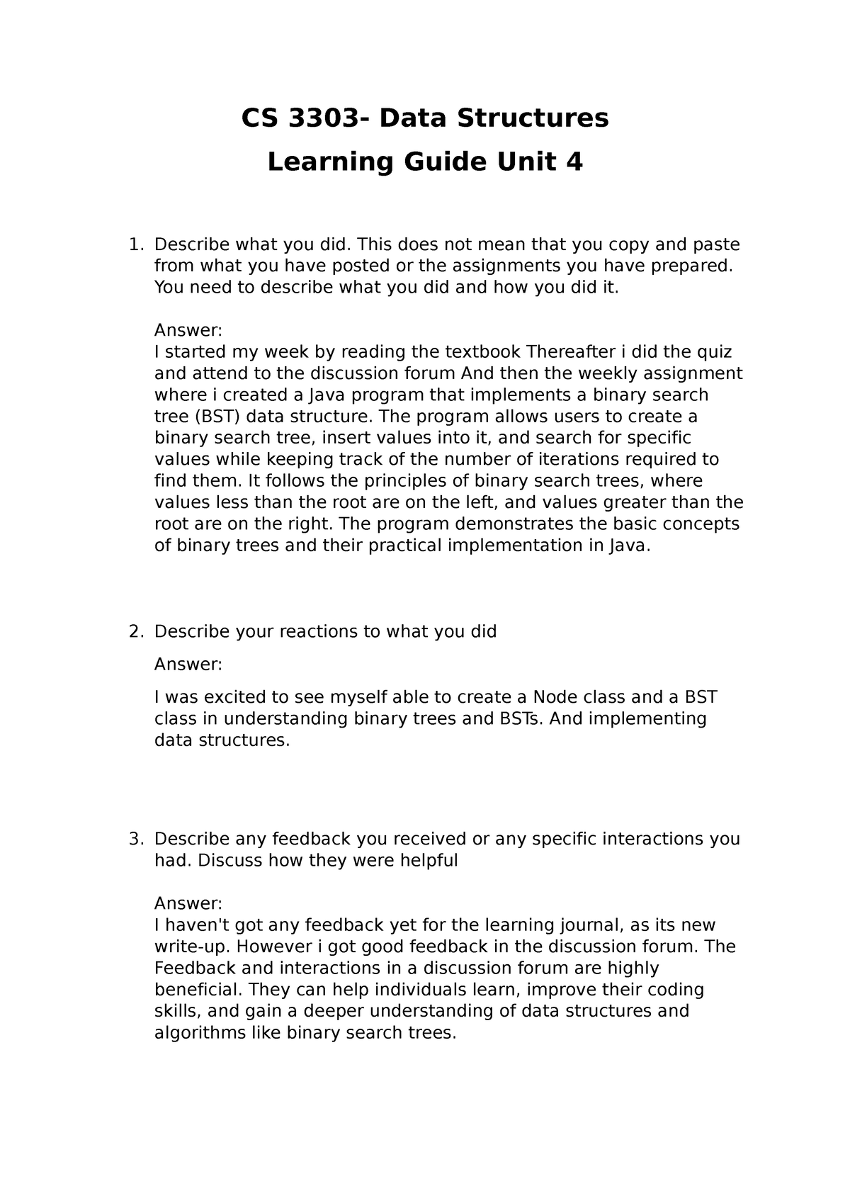 CS 3303- Data Structures Learning Guide Unit 4 - Describe What You Did ...