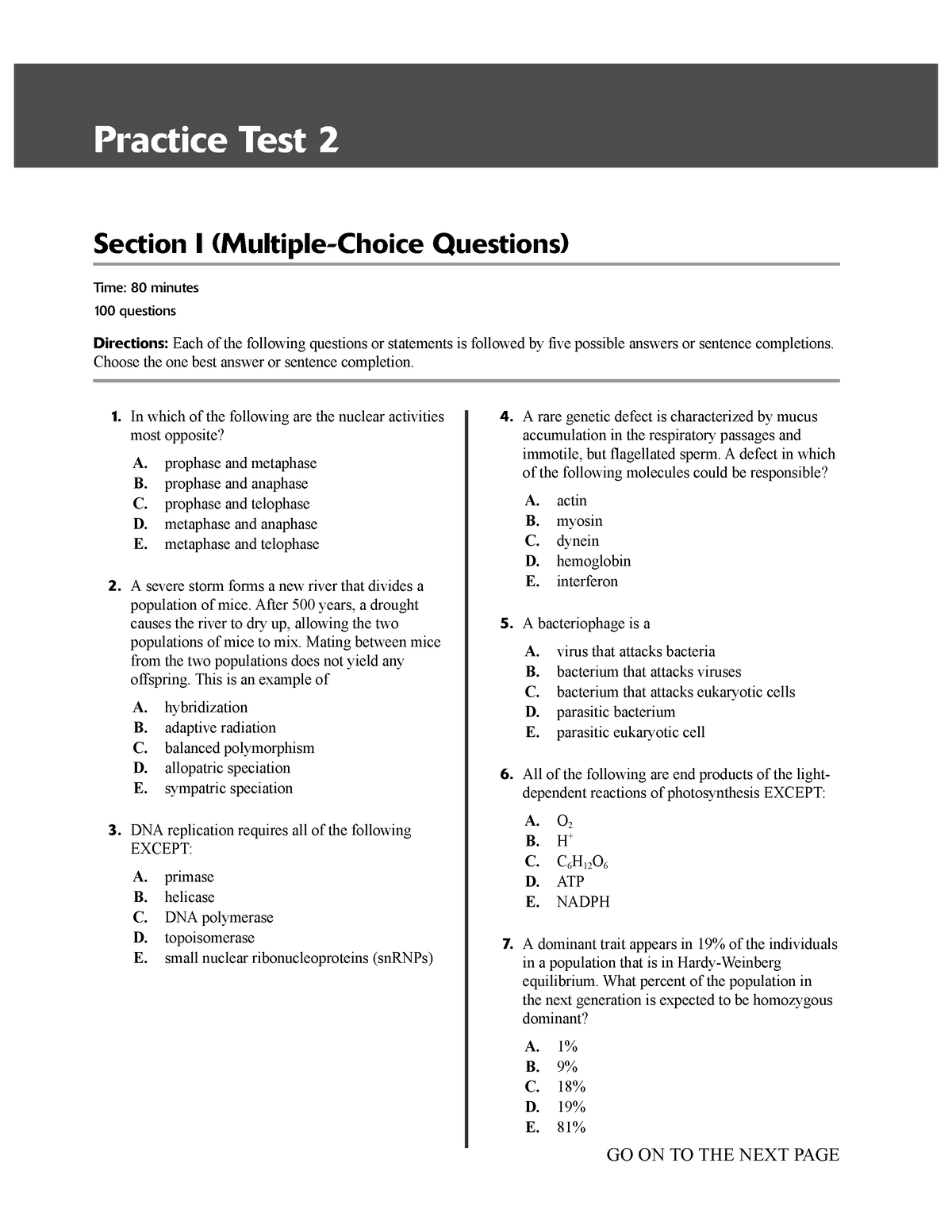 Ap Biology Exam Practice - Practice Test 2 Section I (Multiple-Choice ...