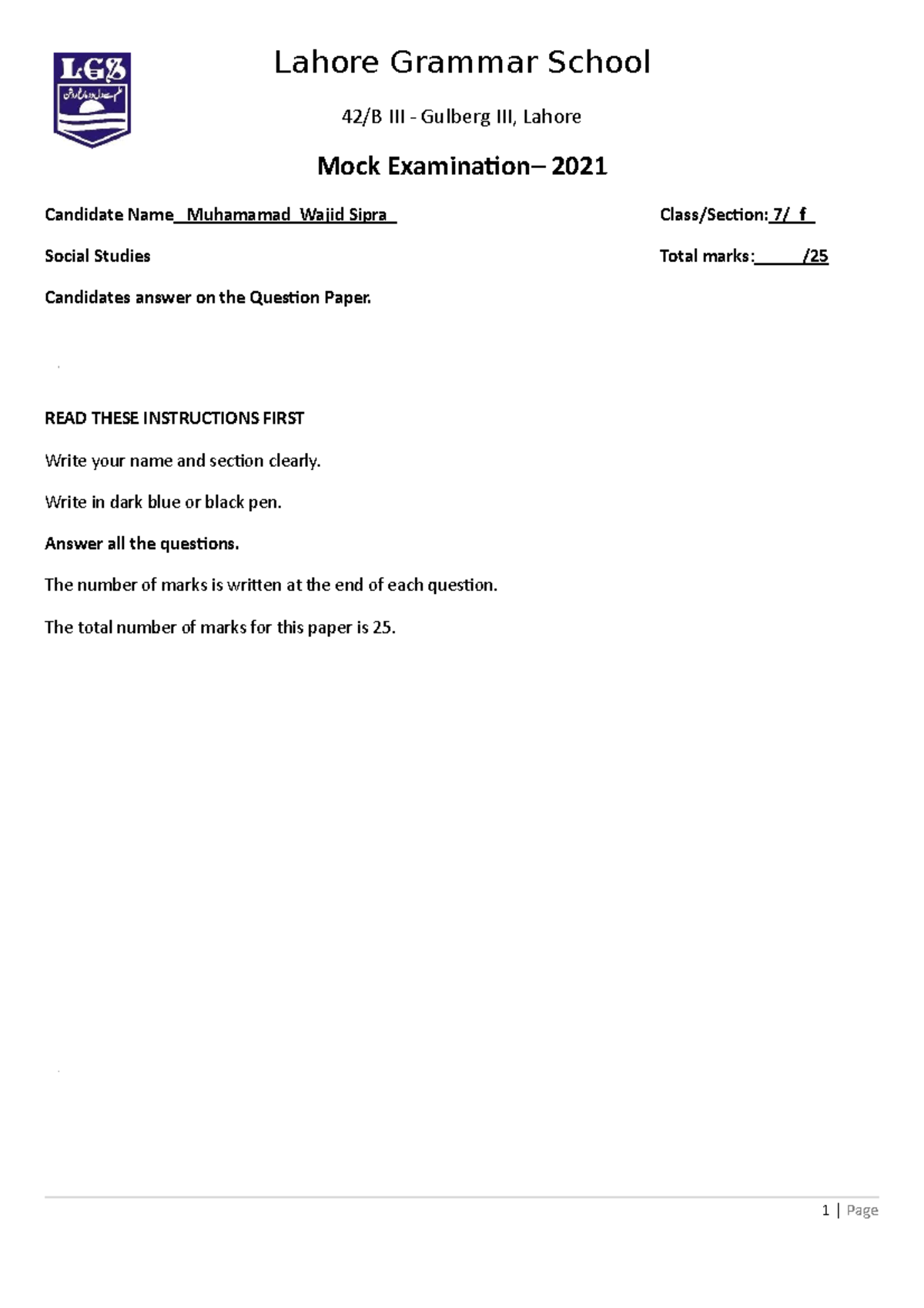 Social Studies Mock Exam P2 Lahore Grammar School 42/B III Gulberg