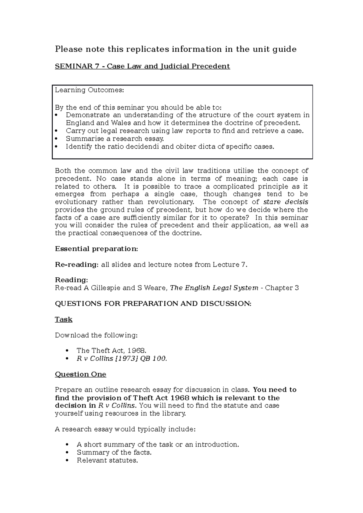 Seminar 7 Case Law and Judicial Precedent Please note this replicates information in the