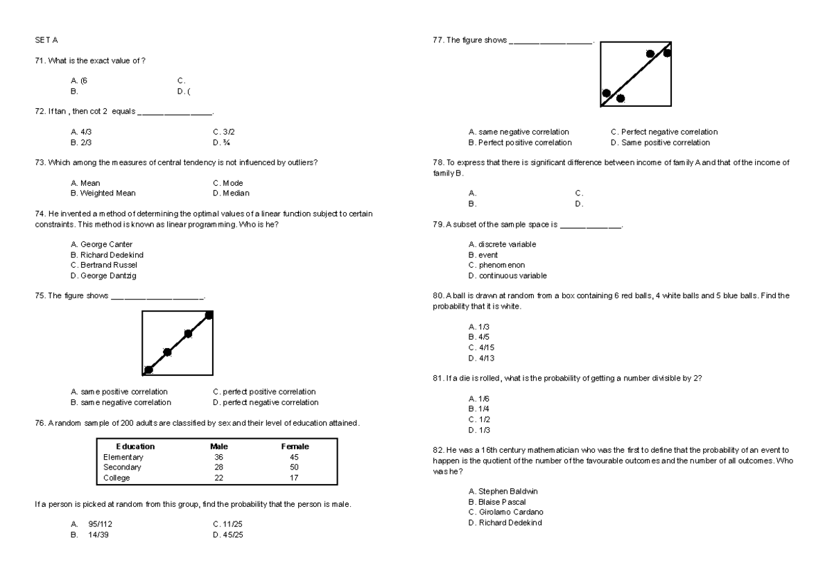 Board questionnaire (SET A) SET A What is the exact value of? A. (6 C