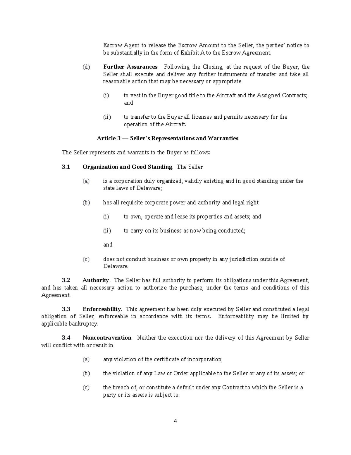 Aircraft purchase agreement escrow agent to release the escrow amount