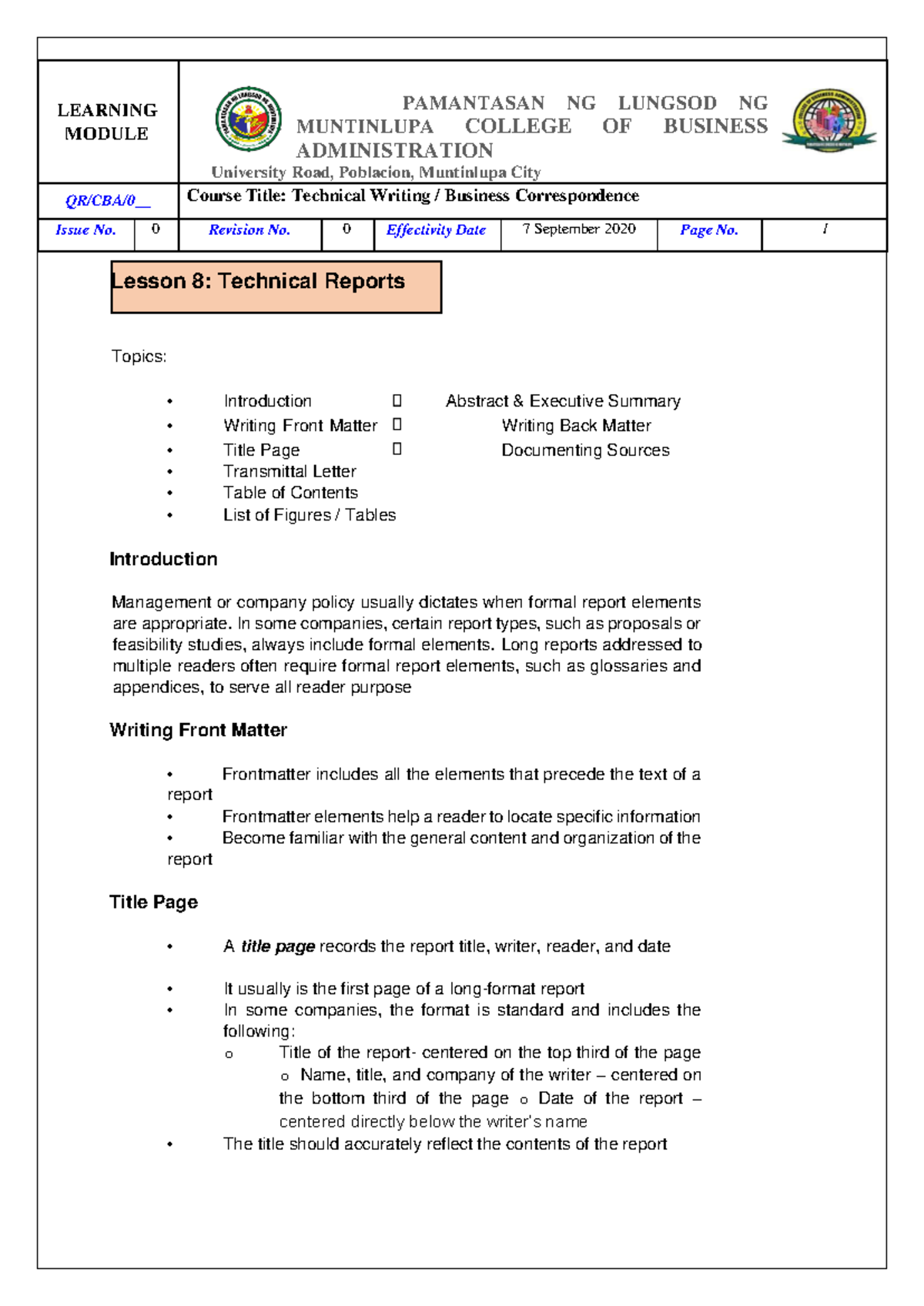 Lesson 8 Technical Reports - LEARNING MODULE MUNTINLUPA COLLEGE OF ...