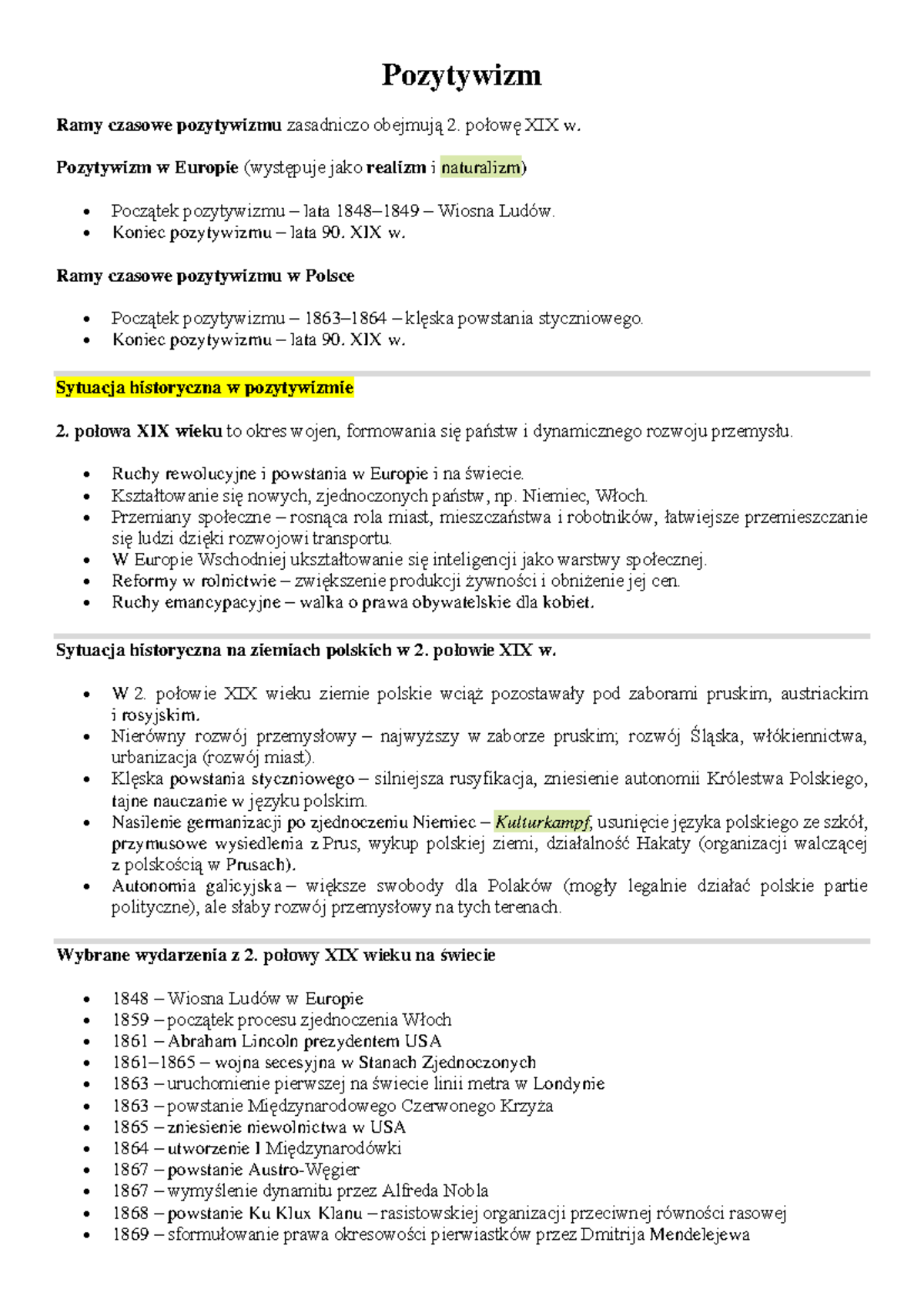 Pozytywizm WST-P - opis - Pozytywizm Ramy czasowe pozytywizmu