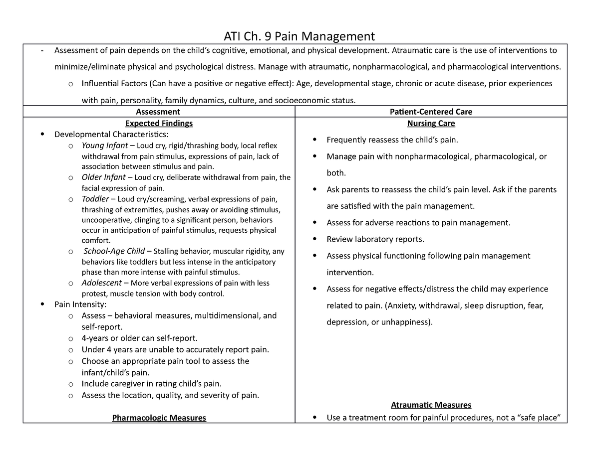 Peds ATI Ch 9 Pediatric Pain Management ATI Ch. 9 Pain Management