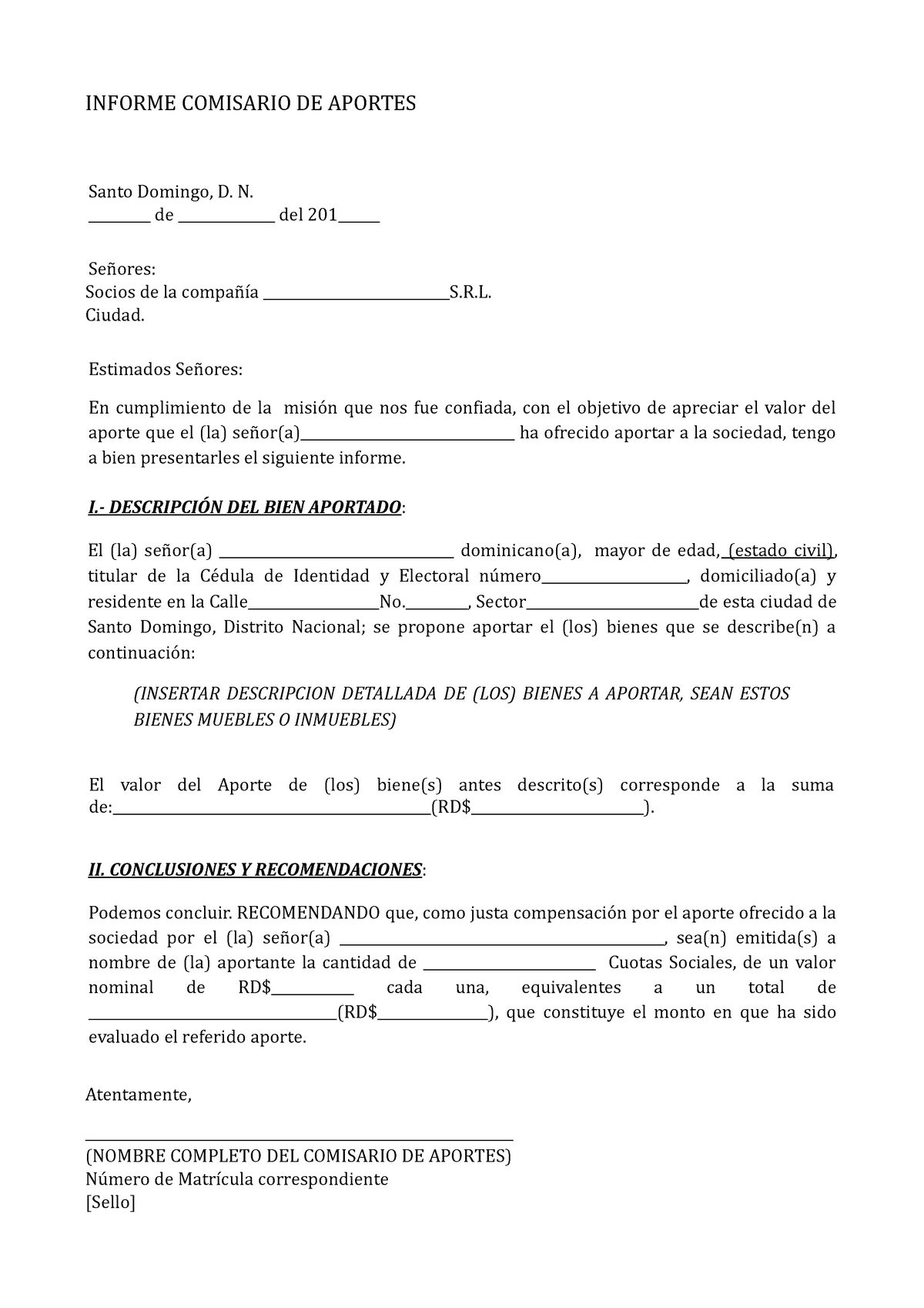 320860090 Informe Comisario de Aportes Para Evaluacion de Aportes en  Naturaleza s r l - INFORME - Studocu