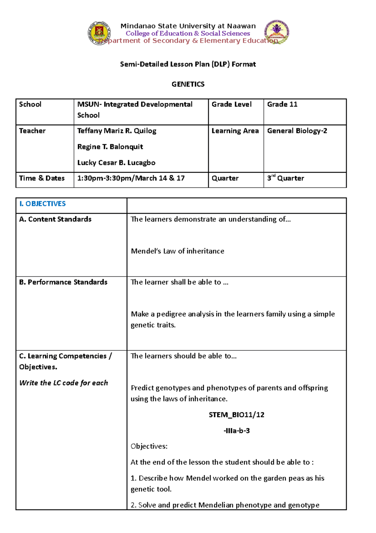 Biochemistry- Lessonplan - College of Education & Social Sciences ...