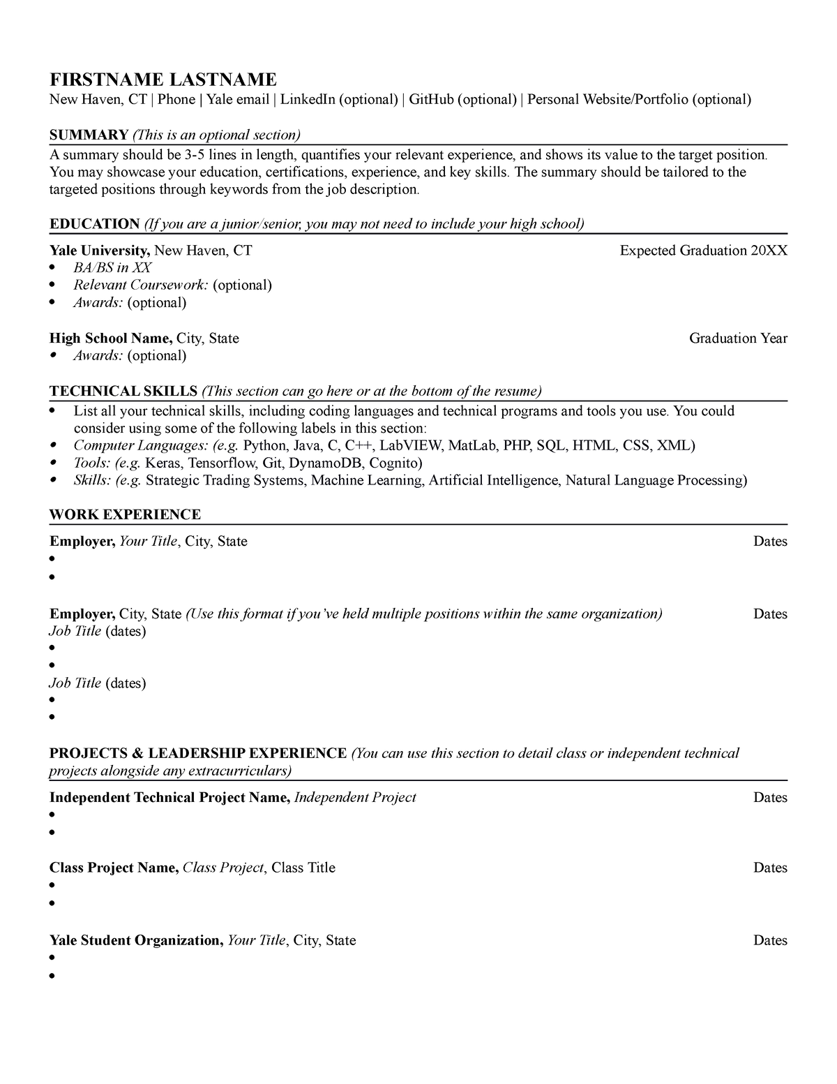 yale college resume template