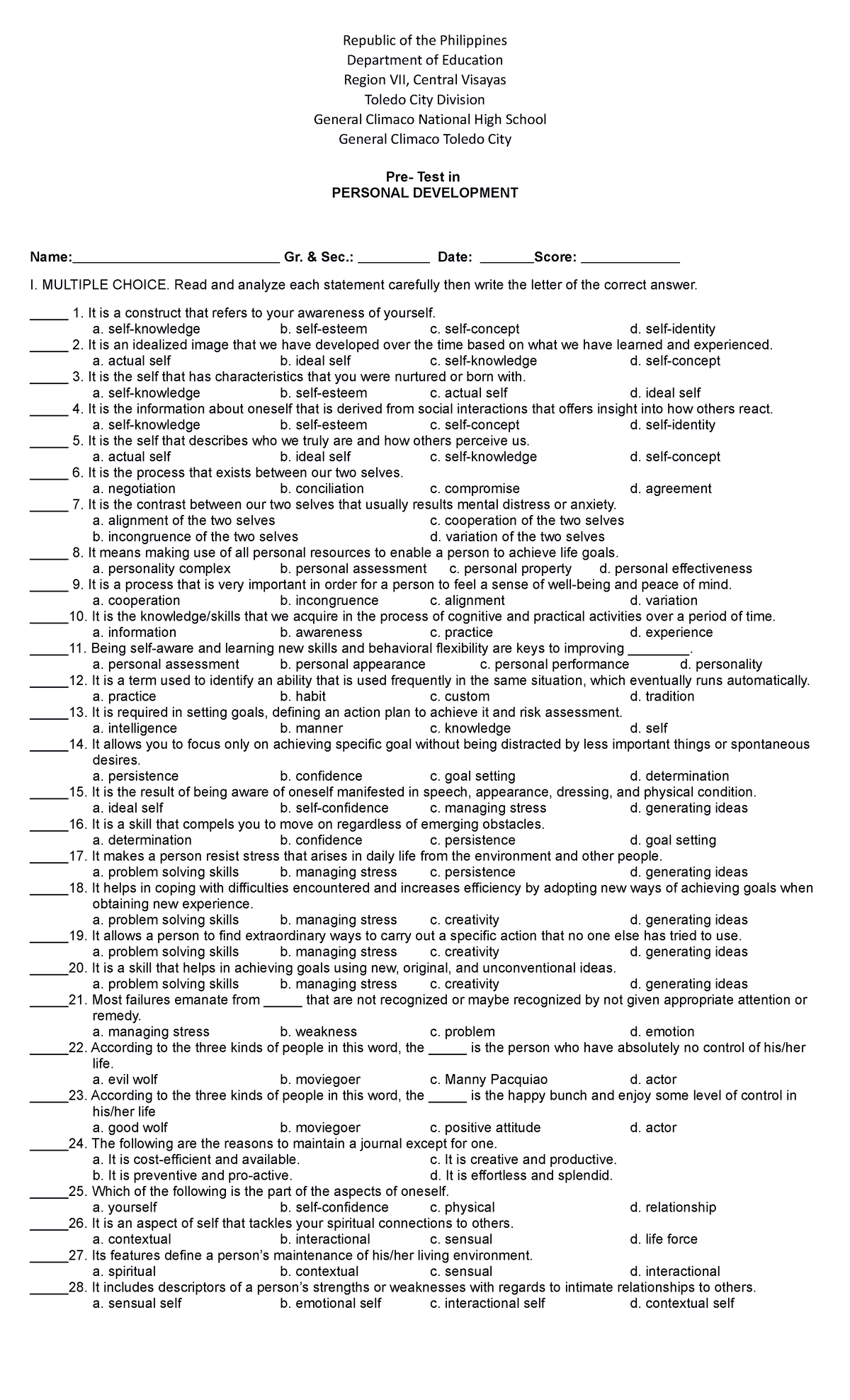 Perdev Pretest - updated - Republic of the Philippines Department of ...