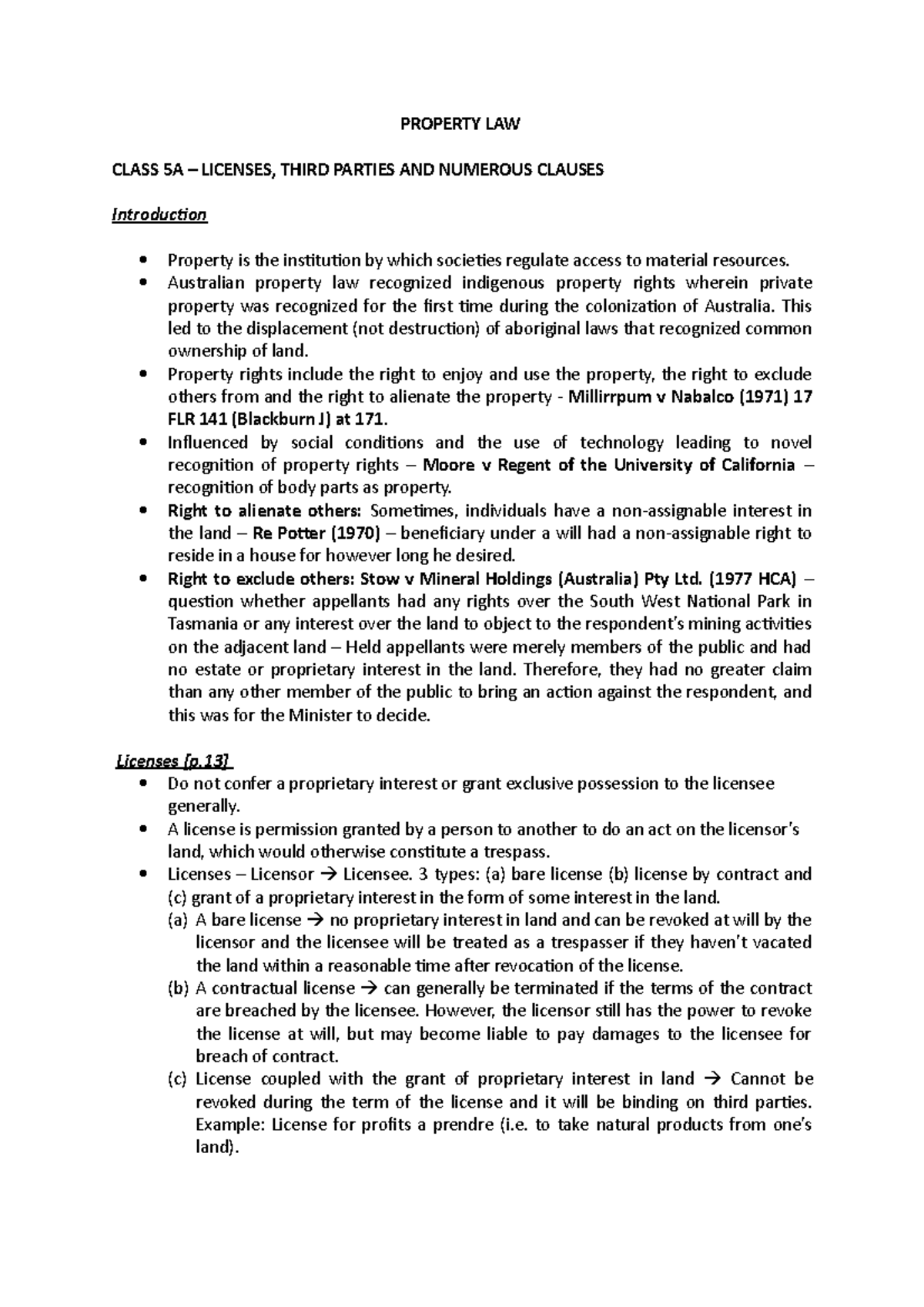 Property LAW (2:2:22) - PROPERTY LAW CLASS 5A – LICENSES, THIRD PARTIES ...