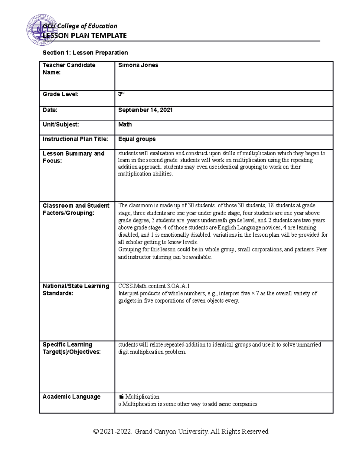 Operations and Algebraic Lesson Plan - LESSON PLAN TEMPLATE Section 1 ...