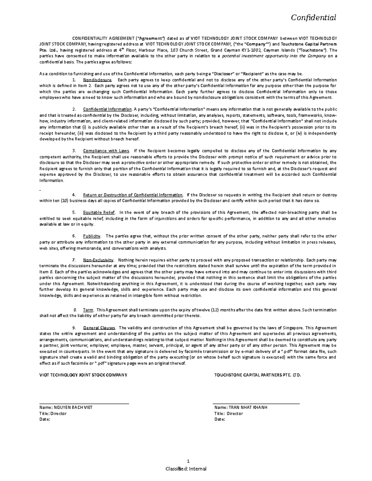 Touchstone Nda Form - Mwfnk - Confidential Confidentiality Agreement 