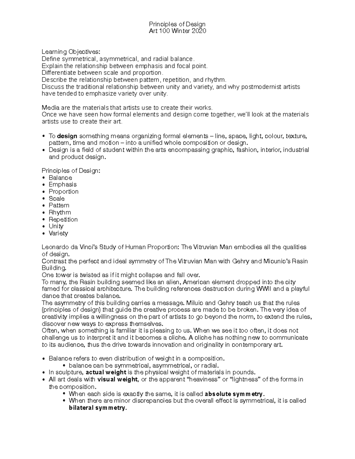 Principles of design study notes Principles of Design Art 100 Winter