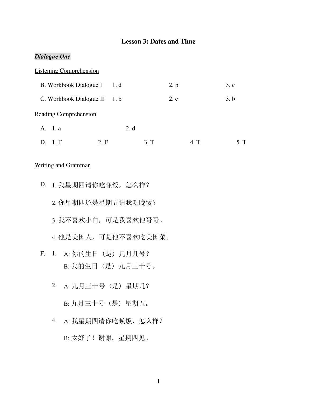 L3 Workbook Answer Key FA21 - 1 Lesson 3: Dates And Time Dialogue One ...