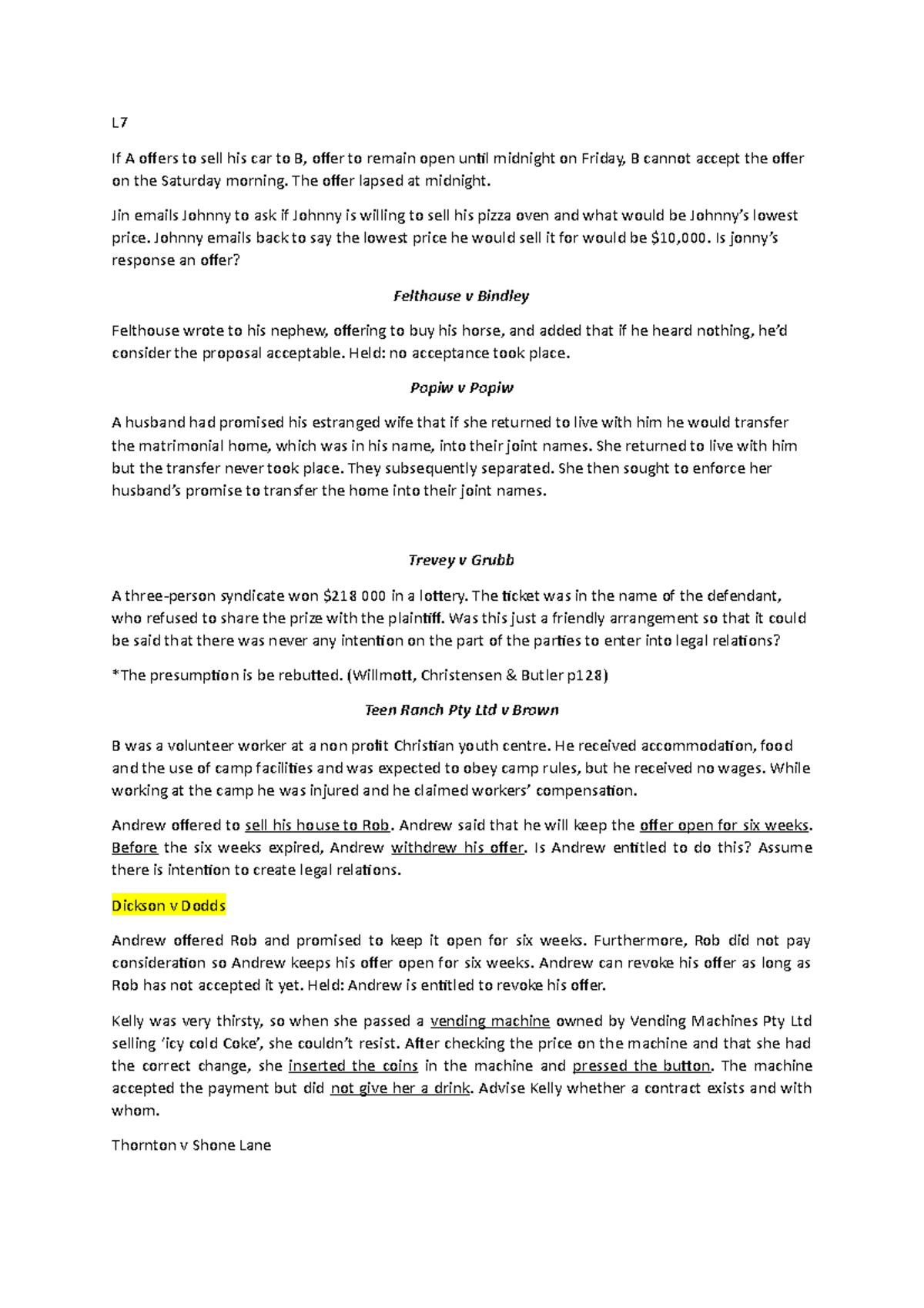 Case Studies - Exam Notes - L7 If A Offers To Sell His Car To B, Offer ...