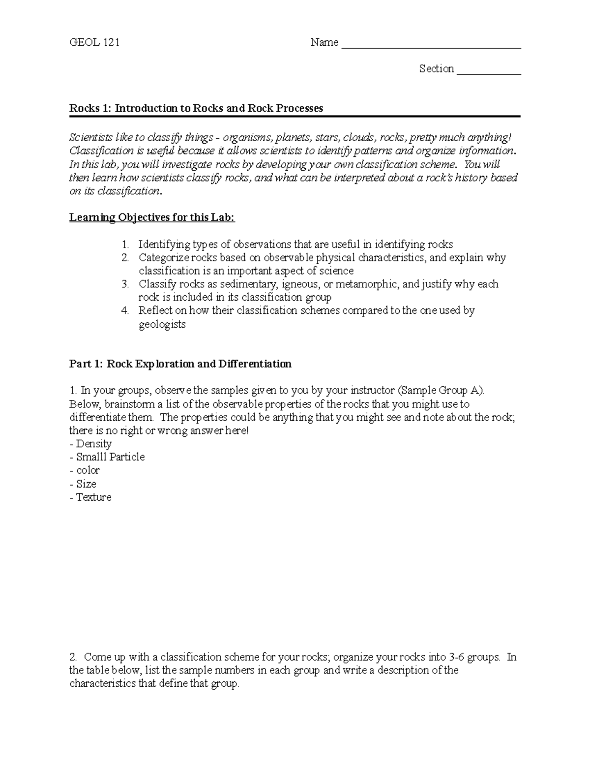 Rocks Lab 1 V3 Student Handout - GEOL 121 Name ...