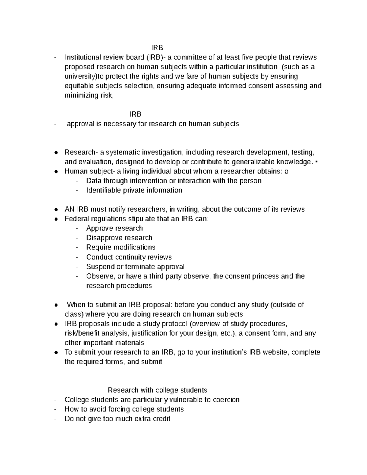 Irb - irb notes - IRB Institutional review board (IRB)- a committee of ...