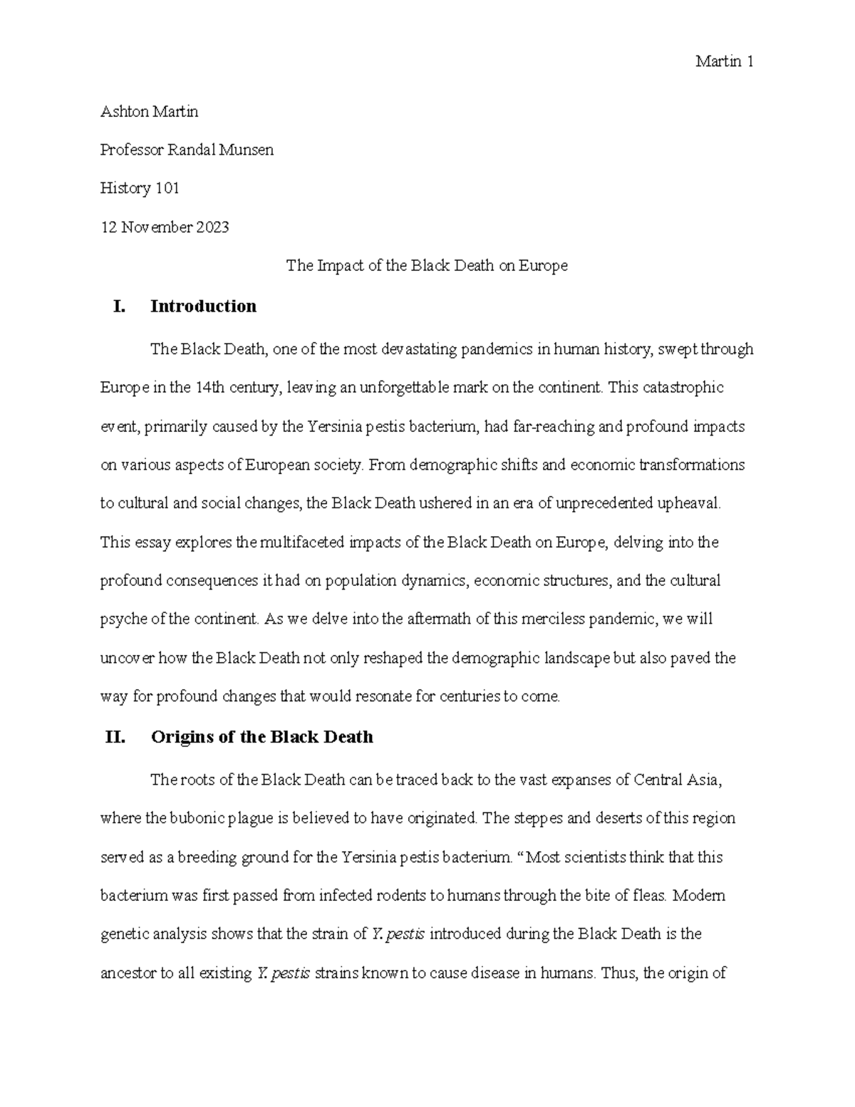 Ashton Martin The Black Death Writing Assignment Ashton Martin